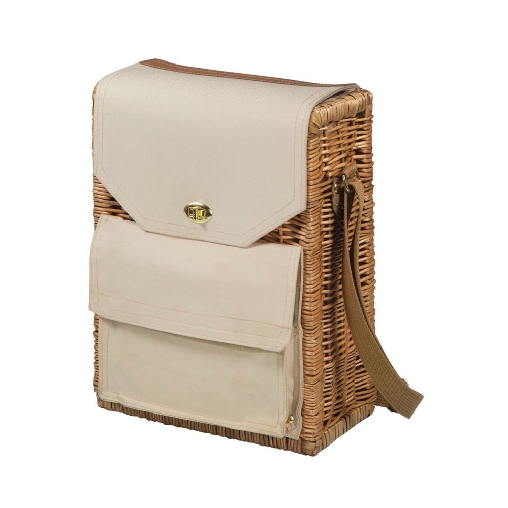 Picnic Time Corsica Insulated Wine & Cheese Basket Willow Canvas Tote Handwoven